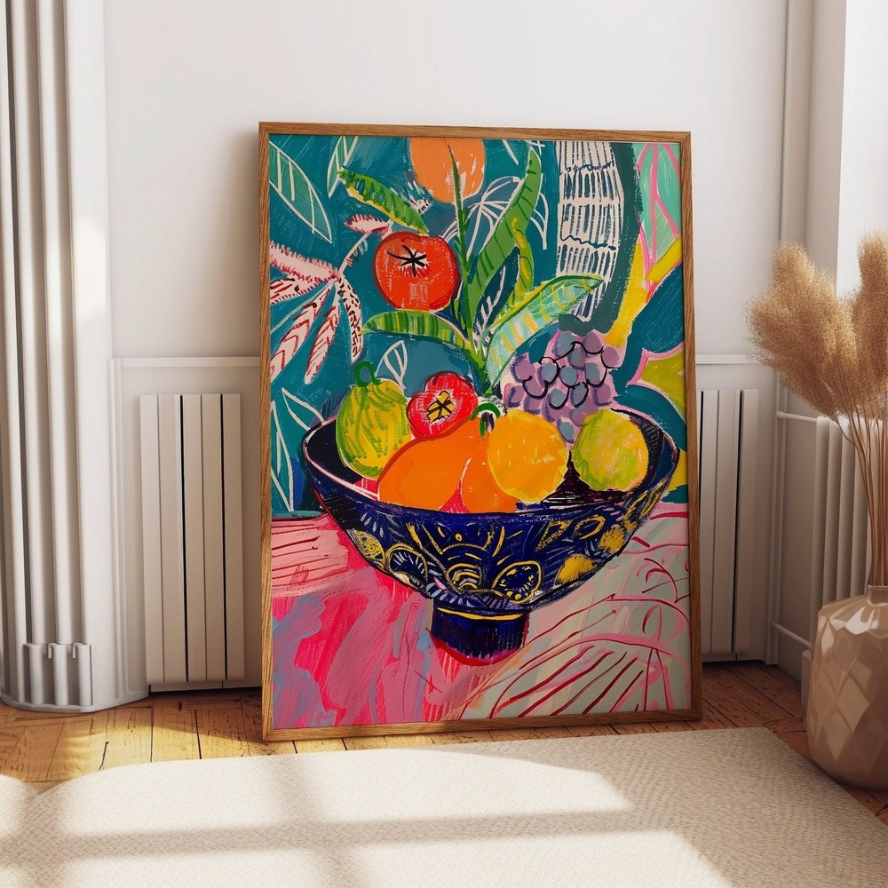 Still Life Fruit Bowl Art Poster - Matisse-Inspired Tropical Fruits Wall Decor